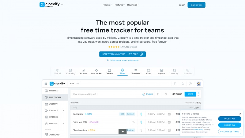 Homepage of clockify