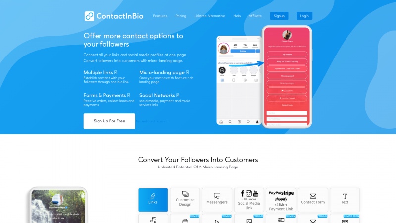 Homepage of contactinbio