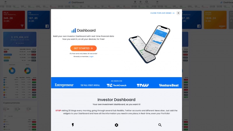 Homepage of dashboard