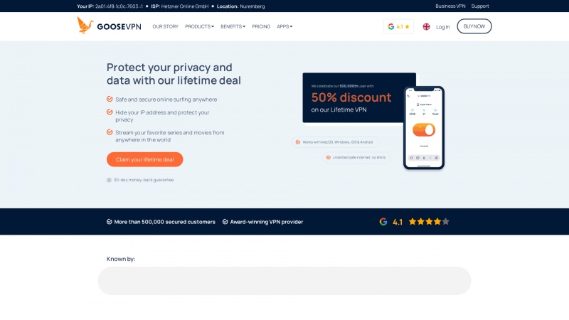 Homepage of goosevpn