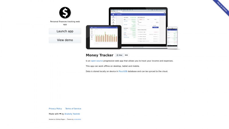 Homepage of moneytracker