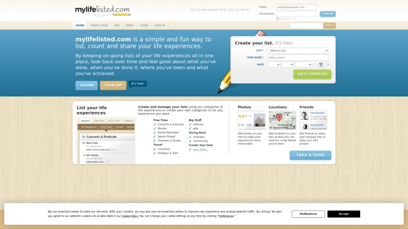 Homepage of mylifelisted