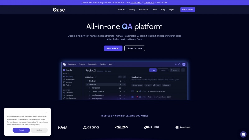 Homepage of qase