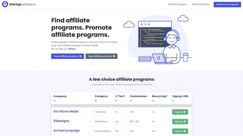 Homepage of startupaffiliate