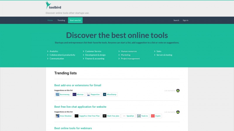 Homepage of toolbird