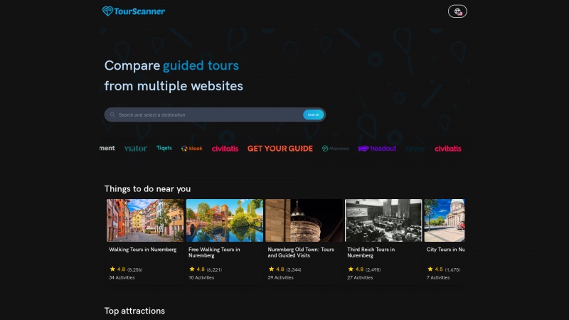 Homepage of tourscanner