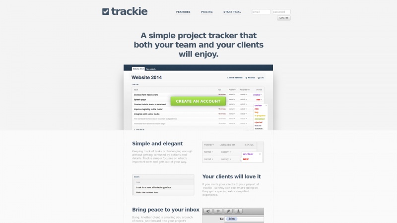 Homepage of trackieapp