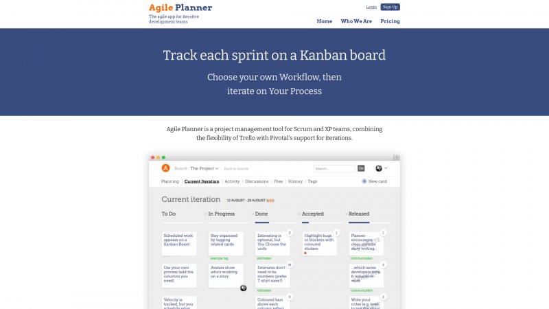 Homepage of agileplannerapp