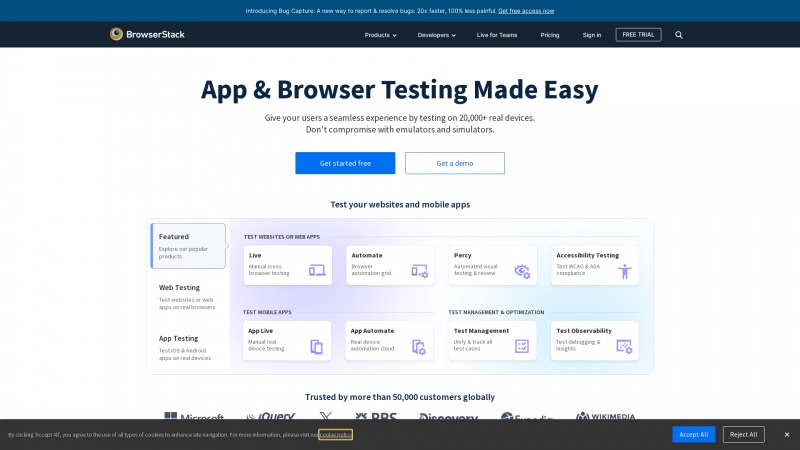 Homepage of browserstack