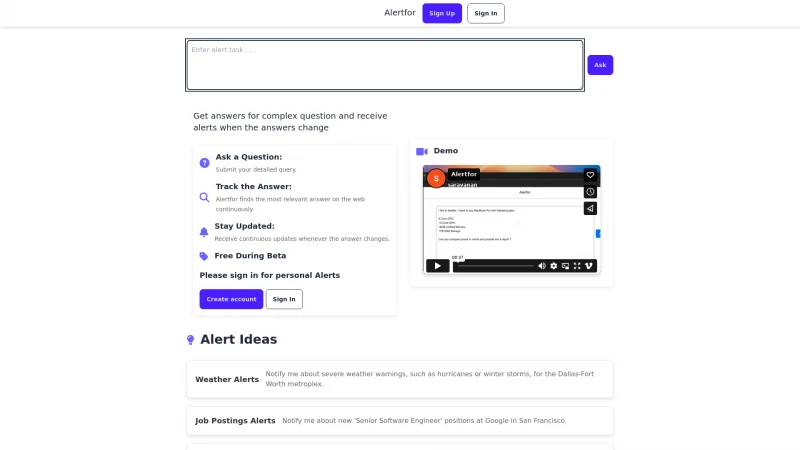 Homepage of alertfor