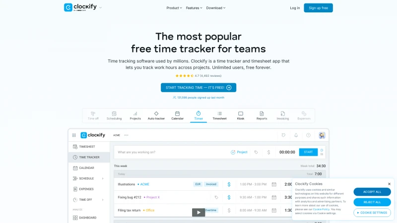 Homepage of clockify