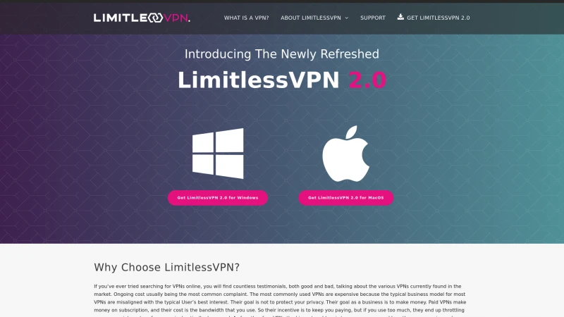 Homepage of limitlessvpn