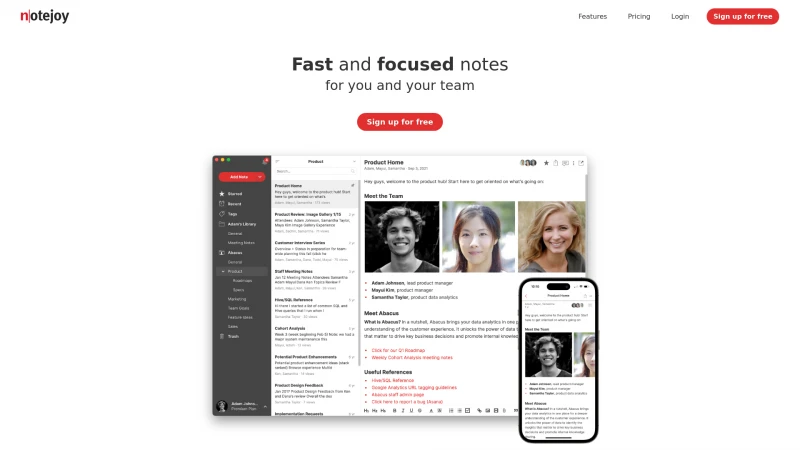 Homepage of notejoy