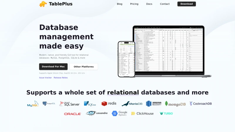 Homepage of tableplus