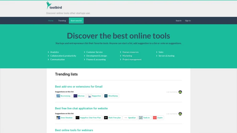 Homepage of toolbird