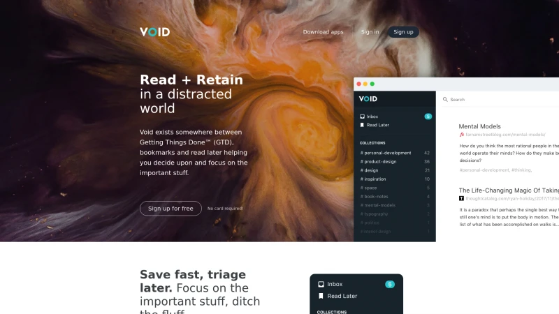 Homepage of voidapp