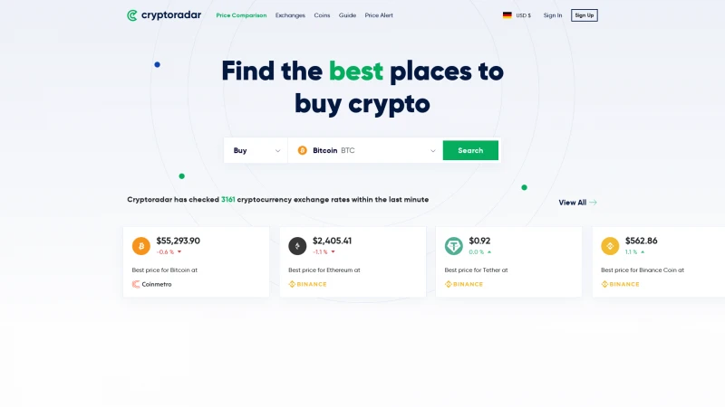 Homepage of cryptoradar