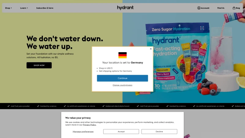 Homepage of drinkhydrant