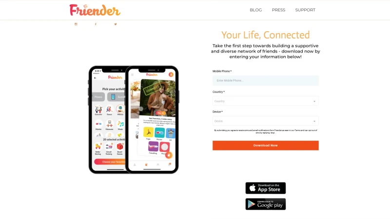 Homepage of frienderapp