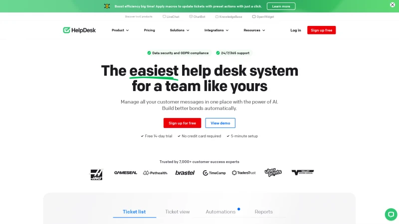 Homepage of helpdesk