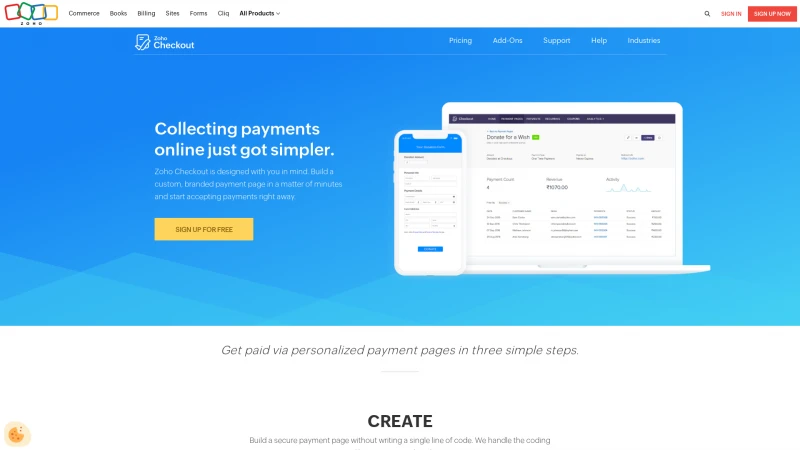 Homepage of zoho